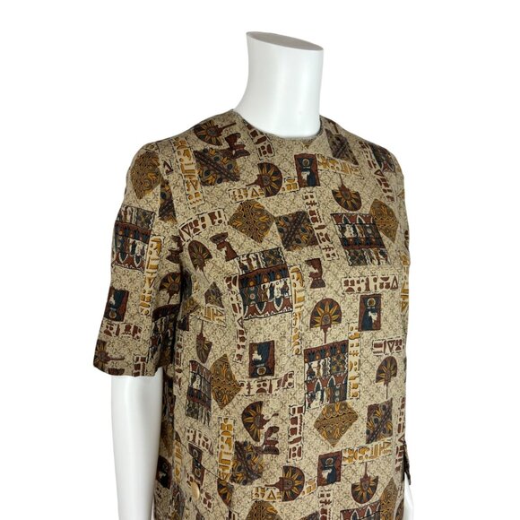 Vintage 50s Egyptian Top Women's Medium Novelty Print Brown Button Back Cotton - Picture 4 of 10